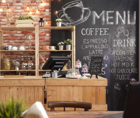 Cafe cash register and menu board